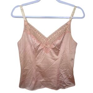 Vtg Olga 70s 80s Style 1073 Peach Pink Nylon Floral Lace‎ Trim Cami Top 32 Bow